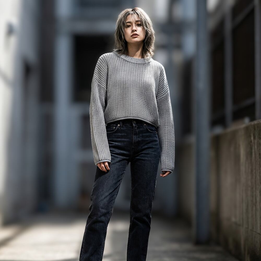 Wild Fable Grey Cropped Shaker Knit Sweater M 90s Grunge Minimalist Street Retro